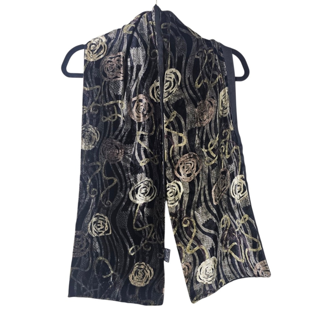 Buronout Velvet Scarf Wrap Black Gold Rose‎ Floral Rayon Shawl Witchy 90s Goth